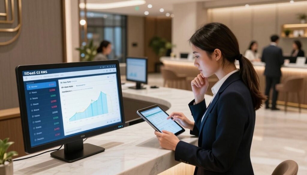 A modern hotel reception area showcasing the innovative features of IDeaS G3 RMS. In the foreground, a sleek digital display presents dynamic hotel pricing and a chart illustrating AI-optimized rates. The middle ground features a professional businesswoman in smart attire, analyzing data on a tablet, deep in thought. The background reveals a contemporary hotel lobby with elegant decor, soft lighting, and guests checking in at the front desk. Camera angle from slightly above, capturing the vibrancy of the setting. The atmosphere is focused and professional, highlighting the intersection of technology and hospitality management. The image should evoke a sense of innovation and efficiency in hotel pricing optimization.