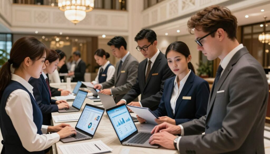 A modern hotel reception scene featuring a diverse team of hotel staff coordinating tasks using Flexkeeping software on tablets and laptops. In the foreground, a professional Asian woman in business attire, looking at the screen while discussing with a Caucasian male colleague, wearing glasses and a smart blazer. In the middle ground, a group of hotel employees collaborating around a large table, showing documents and digital screens with graphs and icons representing pricing and tariffs. The background displays a stylish hotel lobby with elegant decor, soft lighting from chandeliers, and guests checking in. Use a wide-angle lens perspective to capture the bustling atmosphere, creating a sense of teamwork and efficiency, emphasizing professionalism and innovation in hospitality management. A modern hotel reception scene featuring a diverse team of hotel staff coordinating tasks using Flexkeeping software on tablets and laptops. In the foreground, a professional Asian woman in business attire, looking at the screen while discussing with a Caucasian male colleague, wearing glasses and a smart blazer. In the middle ground, a group of hotel employees collaborating around a large table, showing documents and digital screens with graphs and icons representing pricing and tariffs. The background displays a stylish hotel lobby with elegant decor, soft lighting from chandeliers, and guests checking in. Use a wide-angle lens perspective to capture the bustling atmosphere, creating a sense of teamwork and efficiency, emphasizing professionalism and innovation in hospitality management.