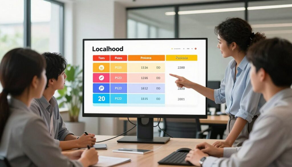 A modern, inviting office environment showcasing a digital display monitor that illustrates a visually appealing pricing chart for Localhood's tourism services. In the foreground, a diverse group of professionals in business attire is engaged in a discussion, pointing at the screen, emphasizing collaboration and innovation. In the middle, the monitor features colorful graphics representing various pricing tiers and packages related to local tourism marketing. The background shows a bright, airy office space with large windows and greenery, conveying an optimistic and productive atmosphere. Soft, natural lighting illuminates the scene, enhancing the colors and details on the display while maintaining a clean, professional look. The overall mood is energetic and forward-thinking, ideal for highlighting Localhood's approach to local tourism pricing strategies.