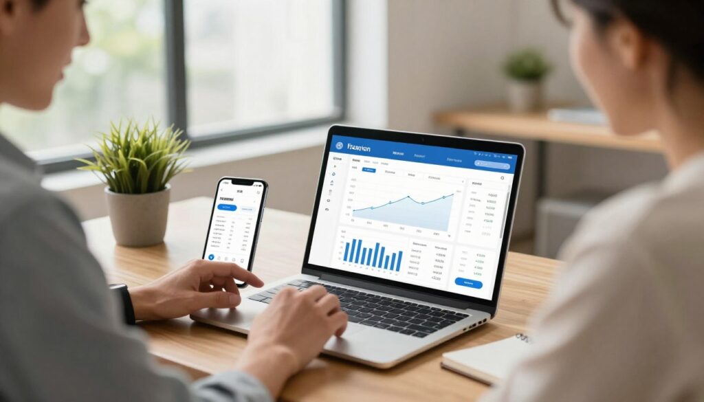 A modern, inviting workspace featuring a smart AI assistant for vacation rentals. In the foreground, a sleek laptop is open, displaying a user-friendly interface with graphs and pricing options related to rental rates. A professional, casually dressed individual reviews the data, showcasing a sense of confidence and engagement. In the middle ground, a stylish desk with a potted plant and a smartphone displaying a notification for new guest messages creates a warm atmosphere. The background reveals a bright, airy room with large windows that fill the space with natural light, highlighting the efficient use of technology in hospitality. The mood is professional yet friendly, encapsulating a seamless integration of AI in managing rental communications.