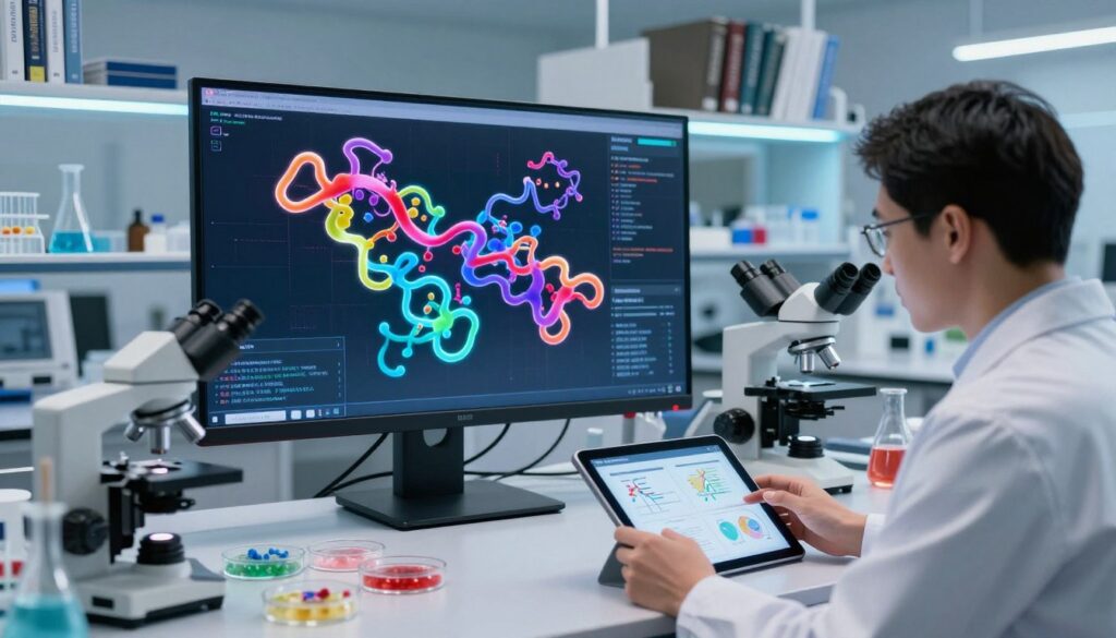 A modern laboratory scene showcasing the ESMFold technology in action, with a detailed focus on a large digital screen displaying a vibrant 3D model of a protein structure, glowing in neon colors. In the foreground, a scientist, dressed in professional lab attire, is intently analyzing data on a tablet. The middle ground features lab equipment like microscopes and petri dishes, surrounded by charts and diagrams related to protein prediction. The background includes shelves lined with scientific journals and glowing LED lights casting a soft, cool ambiance. The lighting is bright and clear, highlighting the complexity and beauty of the protein structures. The atmosphere conveys a sense of innovation and professionalism, emphasizing the advanced technology used in protein structure prediction.