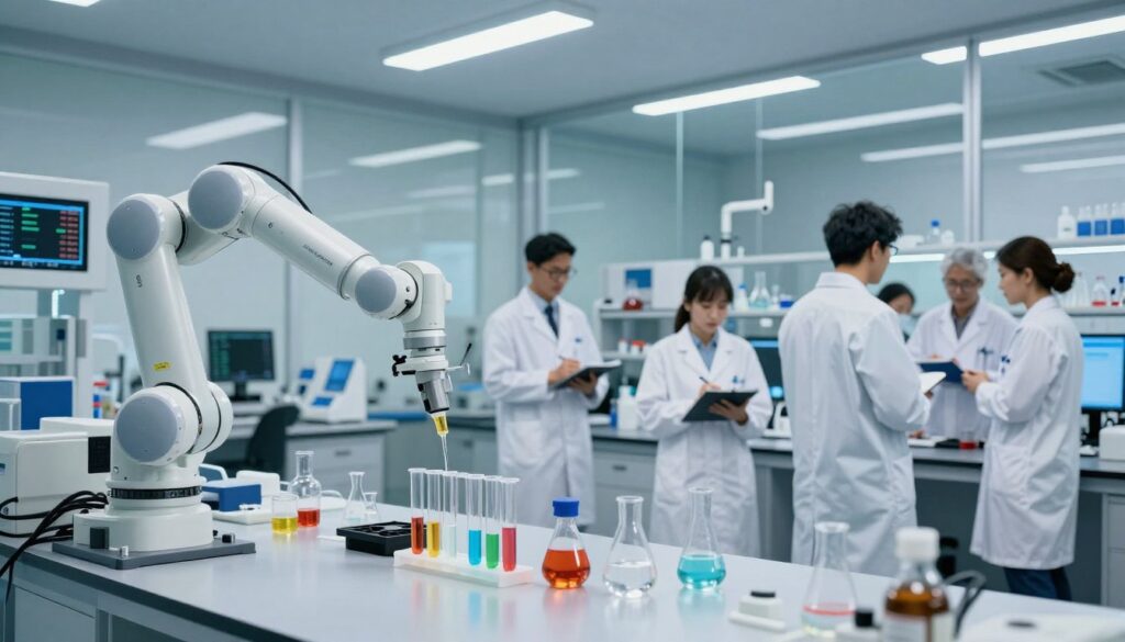 A modern laboratory setting featuring advanced robotics in action. In the foreground, a sleek robotic arm meticulously conducting a colorful liquid experiment, with test tubes and vials neatly arranged on a polished lab bench. In the middle ground, a diverse group of scientists wearing professional attire observe and take notes, showcasing collaboration between human intelligence and artificial intelligence. The background features large glass panels with digital displays showcasing experimental data and analytics. Soft fluorescent lighting enhances the sterile yet vibrant atmosphere, creating a futuristic mood. A wide-angle perspective captures the intricacy of the lab environment, emphasizing innovation and the synergy of technology in scientific research.