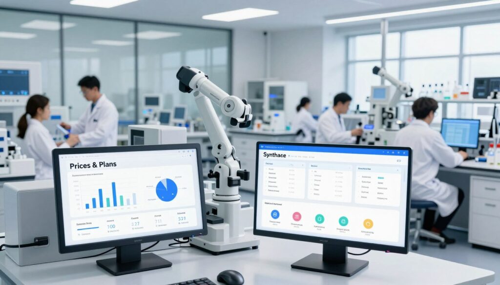 A modern laboratory setting showcasing advanced automation and pricing features of Synthace. In the foreground, display a sleek digital screen highlighting "Prices & Plans" with infographics, charts, and icons representing various subscription options for lab automation services. In the middle ground, include scientists in professional attire engaged in automated experiments, operating robotic arms and equipment, illustrating efficiency and innovation. The background reveals a high-tech lab with futuristic lab equipment and clear glass walls, allowing natural light to stream in, creating a bright and optimistic atmosphere. Use a wide-angle lens to capture the comprehensive view of the lab and ensure a harmonious balance between technology and research. Emphasize a clean and organized environment to project professionalism and reliability.