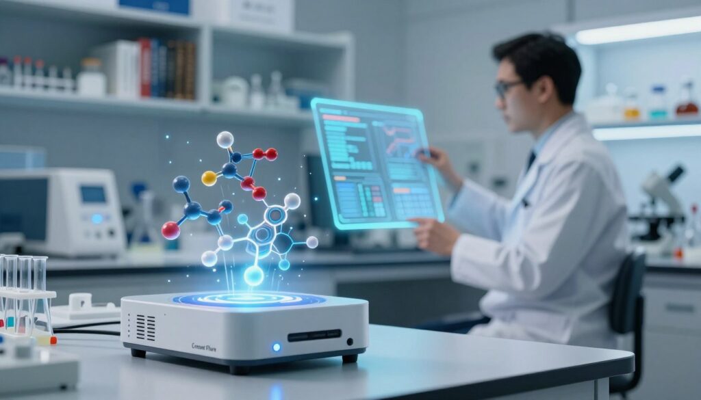 A modern laboratory setting, with a focus on a sleek, high-tech device representing the "Cresset Flare". In the foreground, highlight the device with glowing visual representations of molecular structures and ligands dynamically floating around it. The middle ground features a scientist in professional business attire, examining data on a holographic display screen, emphasizing a sense of innovation and inquiry. In the background, soft-focus shelves filled with scientific books and equipment create an atmosphere of cutting-edge research. Use bright, futuristic lighting that casts subtle reflections on smooth surfaces. The overall mood should be one of professionalism and advanced technology, embodying analytical precision and sophistication.