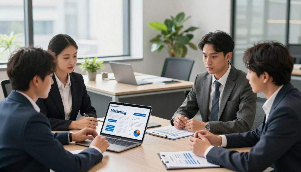 A modern law office environment showcasing the concept of automated client and law firm marketing. In the foreground, a diverse group of professionals dressed in formal business attire is engaging in a discussion, analyzing digital marketing strategies displayed on a tablet. In the middle ground, a sleek desk with a laptop and marketing materials sits prominently, hinting at the integration of technology in legal marketing. The background features large windows allowing natural light to pour in, creating a bright and inviting atmosphere. Soft shadows are cast by contemporary furnishings, while vibrant greenery is visible outside. The scene conveys a mood of innovation and professionalism, symbolizing the transformative impact of Lawmatics on law firm marketing strategies.