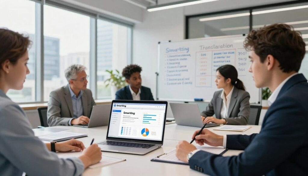 A modern office environment featuring a sleek desk with a laptop displaying the Smartling interface. In the foreground, a diverse group of professionals in business attire collaboratively discussing translation strategies, with charts and graphs visible on the laptop screen. The middle ground shows a whiteboard filled with multilingual text and price plans, symbolizing Smartling's translation services. The background features large windows with city views, allowing natural light to illuminate the workspace, creating a bright and inviting atmosphere. Use a wide-angle lens perspective to capture the teamwork dynamic and the modern workspace, evoking a sense of innovation and professionalism. The mood is energetic and focused, representing the global reach of Smartling's translation solutions.