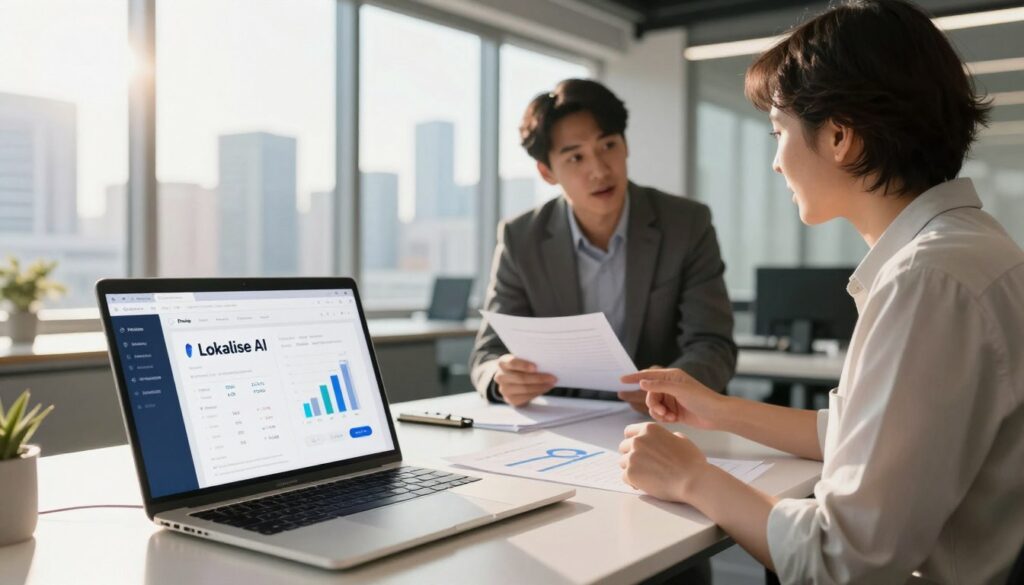 A modern office environment focused on app localization, with a sleek desk in the foreground featuring a high-end laptop displaying a user-friendly interface of Lokalise AI. In the middle ground, a professional individual in business attire is discussing pricing and tariffs with a colleague, both deeply engaged in a conversation, surrounded by documents and charts that illustrate localization metrics. The background highlights a large window with natural light streaming in, showcasing a vibrant city skyline. The atmosphere is dynamic and innovative, reflecting a futuristic, tech-savvy workspace. Use soft, warm lighting with a slight lens flare effect to create an inviting mood, and capture the scene from a slightly elevated angle for depth.