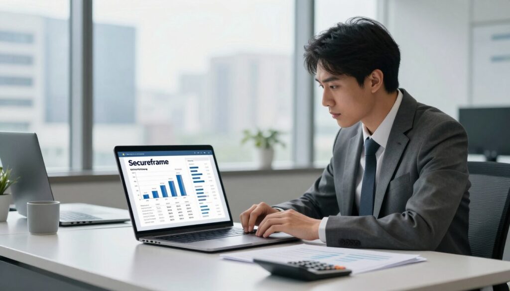 A modern office environment illustrating the concept of Secureframe's compliance pricing. In the foreground, a sleek and organized desk with a laptop displaying graphs and charts related to compliance metrics, alongside documents and a calculator. In the middle, a professional in business attire, focusing intently on the laptop, conveying determination and expertise in compliance management. The background features a large window showing a cityscape, illuminated by soft natural light, enhancing the atmosphere of professionalism and clarity. The overall mood is focused and motivational, encapsulating efficiency and the importance of compliance in business operations, with a subtle depth of field to emphasize the desk and the person.
