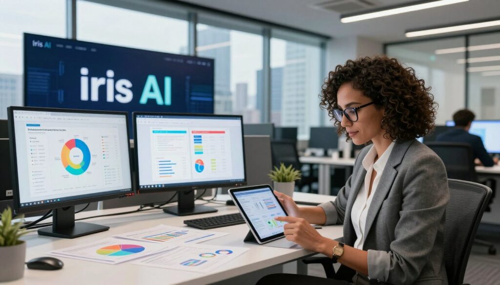 A modern office environment showcasing a professional setting where "Iris AI" is prominently displayed on multiple digital screens. In the foreground, a confident woman in business attire, analyzing data on a tablet, represents the research literature aspect. She has curly hair and glasses, emphasizing a focused demeanor. The middle ground features sleek desks cluttered with research papers, colorful graphs, and charts illustrating pricing models and plans for Iris AI services. The background is a glass wall with a city skyline, casting soft natural light into the room. The atmosphere is one of innovation and professionalism, with an emphasis on technology and academia. Use bright, engaging lighting to highlight the data and create a dynamic, inspiring feel to the workspace.