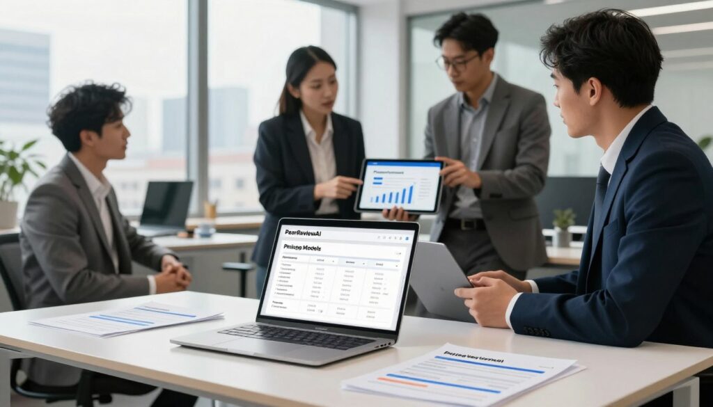 A modern office environment showcasing a professional workspace dedicated to PeerReviewAI, focusing on pricing models. In the foreground, a sleek, minimalistic desk with an open laptop displaying data analytics related to manuscript evaluations. Scattered documents highlight different pricing tiers. In the middle ground, a diverse group of three professionals in business attire engaged in a discussion over a tablet illustrating pricing charts and models. The background features a large window with a cityscape view and soft natural light filtering in, creating an atmosphere of collaborative innovation. The overall mood is focused and dynamic, emphasizing the importance of effective pricing in academic peer review processes. A modern office environment showcasing a professional workspace dedicated to PeerReviewAI, focusing on pricing models. In the foreground, a sleek, minimalistic desk with an open laptop displaying data analytics related to manuscript evaluations. Scattered documents highlight different pricing tiers. In the middle ground, a diverse group of three professionals in business attire engaged in a discussion over a tablet illustrating pricing charts and models. The background features a large window with a cityscape view and soft natural light filtering in, creating an atmosphere of collaborative innovation. The overall mood is focused and dynamic, emphasizing the importance of effective pricing in academic peer review processes.