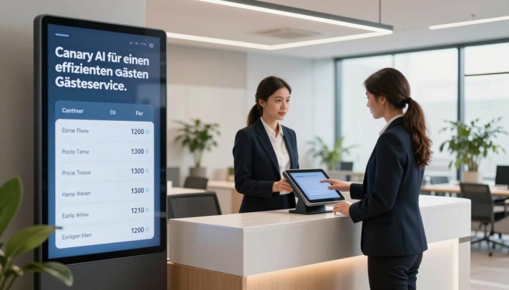 A modern office reception area showcasing "Canary AI für einen effizienten Gästeservice." In the foreground, a sleek digital display board highlighting pricing plans and service tiers is prominently featured. In the middle ground, a professional female receptionist in smart business attire interacts with a futuristic touchscreen kiosk, suggesting efficiency and innovation. The background features an open, bright space with large windows allowing natural light to flood in, complemented by potted plants for a fresh atmosphere. The mood is professional yet approachable, with soft, diffused lighting to create a welcoming environment. The camera angle captures both the receptionist and the digital display in a balanced composition, emphasizing the theme of automated guest inquiry response. A modern office reception area showcasing "Canary AI für einen effizienten Gästeservice." In the foreground, a sleek digital display board highlighting pricing plans and service tiers is prominently featured. In the middle ground, a professional female receptionist in smart business attire interacts with a futuristic touchscreen kiosk, suggesting efficiency and innovation. The background features an open, bright space with large windows allowing natural light to flood in, complemented by potted plants for a fresh atmosphere. The mood is professional yet approachable, with soft, diffused lighting to create a welcoming environment. The camera angle captures both the receptionist and the digital display in a balanced composition, emphasizing the theme of automated guest inquiry response.