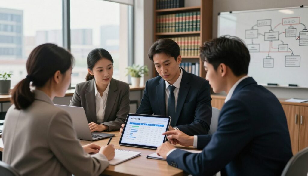 A modern office scene depicting a professional environment focused on automation in law practices. In the foreground, a diverse group of three business professionals, one in a smart suit, another in professional attire, and the third in modest casual clothing, gathered around a sleek digital tablet displaying charts and graphs illustrating MyCase IQ's pricing and tariff structures. In the middle, a large window reveals a cityscape, with natural light pouring in, enhancing the atmosphere of innovation and productivity. In the background, shelves filled with law books and a modern whiteboard with diagrams of legal workflows symbolize streamlined processes. Use warm, inviting lighting to create a motivating and collaborative mood. The angle is slightly elevated, giving a panoramic view of the workspace without any text or watermarks.