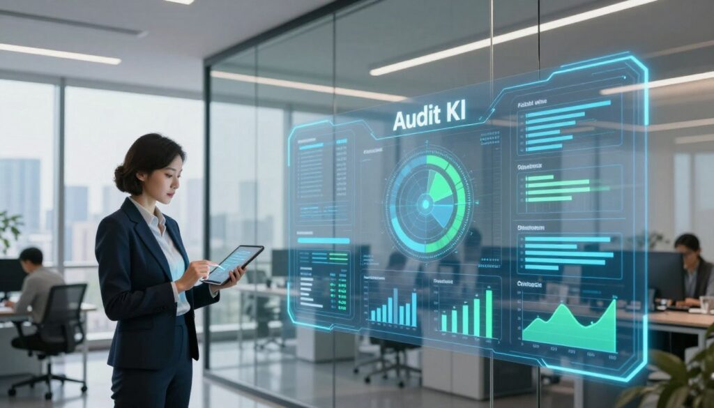 A modern office scene, showcasing an abstract representation of "Audit KI." In the foreground, a sleek, futuristic digital interface displays complex compliance metrics and charts, glowing in shades of blue and green. To the left, a professional businesswoman in smart attire analyzes the data on a tablet, her expression focused and engaged. The middle ground features tall glass partitions reflecting soft natural light, creating a bright and productive atmosphere. In the background, a city skyline can be seen through large windows, hinting at a dynamic urban setting. The image is illuminated with soft overhead lighting that enhances the clarity of the digital elements while adding a sense of professionalism and innovation. The mood is one of efficiency, transformation, and modern technological advancement.