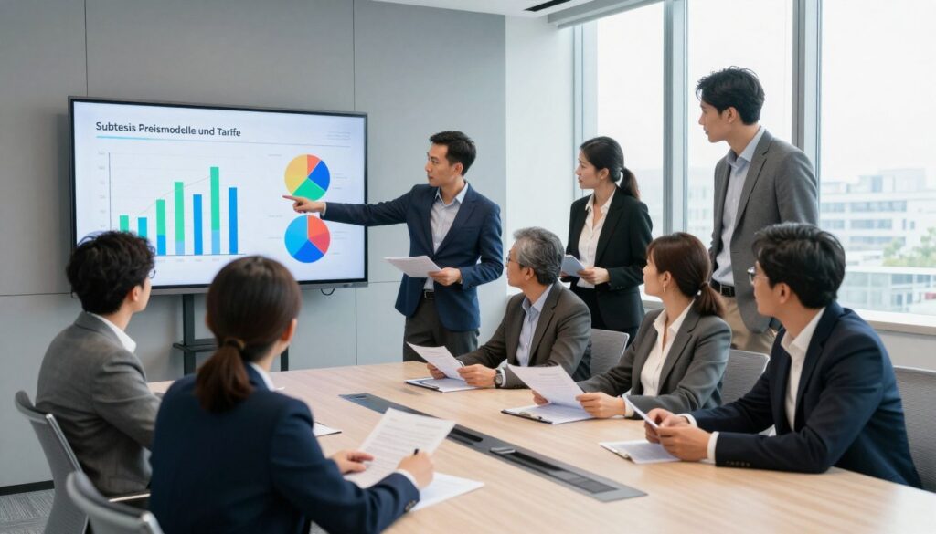 A modern office setting featuring a sleek conference room, where a diverse group of professionals in business attire is engaged in a dynamic discussion about pricing models and tariffs. In the foreground, a large digital screen displays colorful graphs and charts related to "Subthesis Preismodelle und Tarife." The middle ground captures individuals analyzing documents and pointing at the screen, illustrating collaboration and innovation. The background includes large windows with natural light flooding the room, contrasting with the sleek, minimalist design of the space. The atmosphere is professional yet vibrant, conveying a sense of urgency and forward-thinking. Soft lighting highlights the participants' focused expressions, captured from a slightly elevated angle to emphasize the collaborative environment.