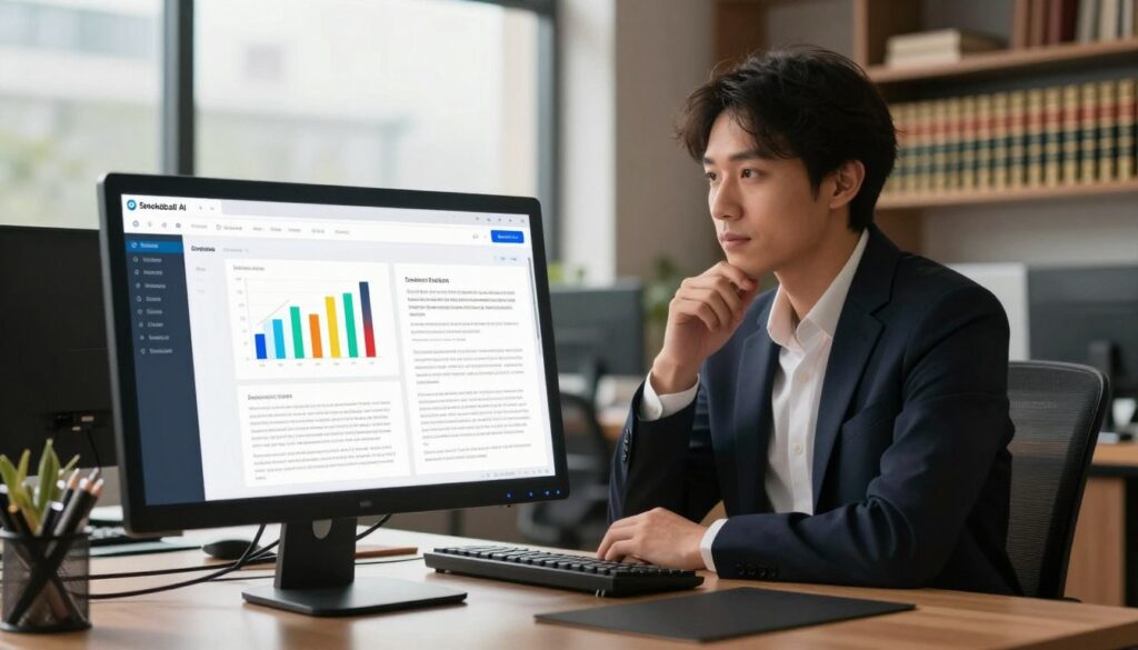 A modern office setting featuring a sleek, high-tech workspace dedicated to legal technology. In the foreground, a desktop computer displays the Smokeball AI interface, showcasing vibrant charts and legal documents being generated automatically. The middle ground includes a professional businessperson in smart attire, looking thoughtfully at the screen, symbolizing efficiency and innovation. The background features shelves filled with law books and a large window allowing soft natural light to fill the room, creating an optimistic atmosphere. Use a slight depth of field to keep the focus on the computer interface while retaining a clear view of the professional setting. The lighting should feel warm and inviting, highlighting the advanced technology of Smokeball AI.