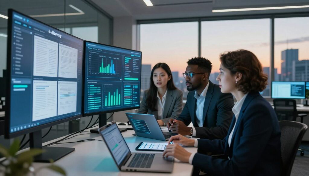 A modern office setting focused on digital evidence analysis, showcasing a sleek, futuristic interface displaying various documents and data charts related to e-discovery. In the foreground, a diverse group of three professionals in business attire—an Asian woman, a Black man, and a Caucasian woman—are engaged in a thoughtful discussion, analyzing the data on large screens that subtly glow with blue and green hues. The middle ground features a sophisticated digital workspace cluttered with tablets and laptops, while the background displays floor-to-ceiling windows revealing a city skyline during dusk, casting warm light into the room. The overall mood is one of concentration and collaboration, with a hint of technological advancement and innovation.