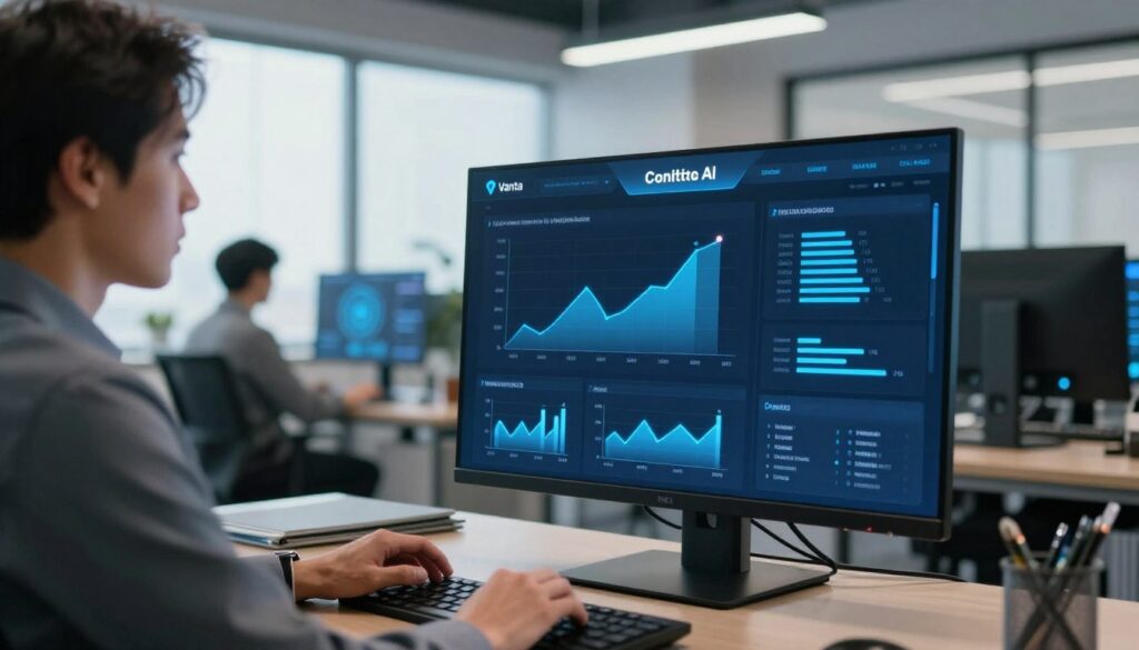 A modern office setting focusing on compliance and security verification. In the foreground, a sleek digital dashboard displaying graphs and metrics related to security compliance, illuminated with a soft blue light. To the left, a professional individual in business attire interacts with the interface, showcasing ease of use and automation in monitoring compliance standards. The background features a contemporary workspace, with large windows allowing natural light to pour in, creating a bright and welcoming atmosphere. Subtle hints of technology, such as servers and data flow graphics, can be seen on the screens. The overall mood is one of efficiency, trust, and high-tech reliability, capturing the essence of Vanta AI's automated compliance solutions.