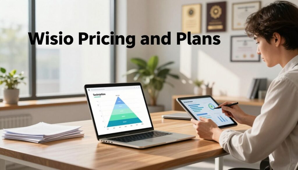 A modern office setting showcasing "Wisio Pricing and Plans" overlaid on an elegant, minimalist workspace. In the foreground, a sleek wooden desk features a laptop open to a visual graphic representing subscription tiers for academic AI assistance. Nearby, a professional figure in business attire reviews a chart on a tablet, conveying focus and insight. In the middle ground, a large window filters in warm, natural light, casting soft shadows across a potted plant and a stack of research papers. The background displays a partially blurred wall adorned with academic awards and certificates, adding a scholarly atmosphere. The scene exudes professionalism and the promise of innovation, highlighted by bright, inviting tones to evoke a feeling of optimism and clarity.