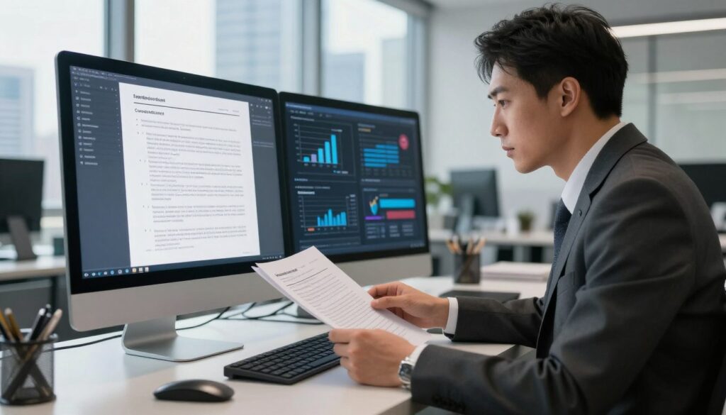 A modern office setting with a sleek desk holding a high-tech computer displaying documents and legal queries. In the foreground, a professional in business attire is analyzing legal papers, their face illuminated by the soft glow of the screen, reflecting concentration. The middle ground features a digital interface with graphs and AI-generated insights related to legal research, suggesting advanced technology at play. In the background, large windows reveal a city skyline, letting in natural light, adding warmth to the scene. The atmosphere is focused and professional, conveying a sense of innovation and efficiency in legal document analysis. The image should be well-lit, with a shallow depth of field to emphasize the subject while subtly blurring the background elements. A modern office setting with a sleek desk holding a high-tech computer displaying documents and legal queries. In the foreground, a professional in business attire is analyzing legal papers, their face illuminated by the soft glow of the screen, reflecting concentration. The middle ground features a digital interface with graphs and AI-generated insights related to legal research, suggesting advanced technology at play. In the background, large windows reveal a city skyline, letting in natural light, adding warmth to the scene. The atmosphere is focused and professional, conveying a sense of innovation and efficiency in legal document analysis. The image should be well-lit, with a shallow depth of field to emphasize the subject while subtly blurring the background elements.