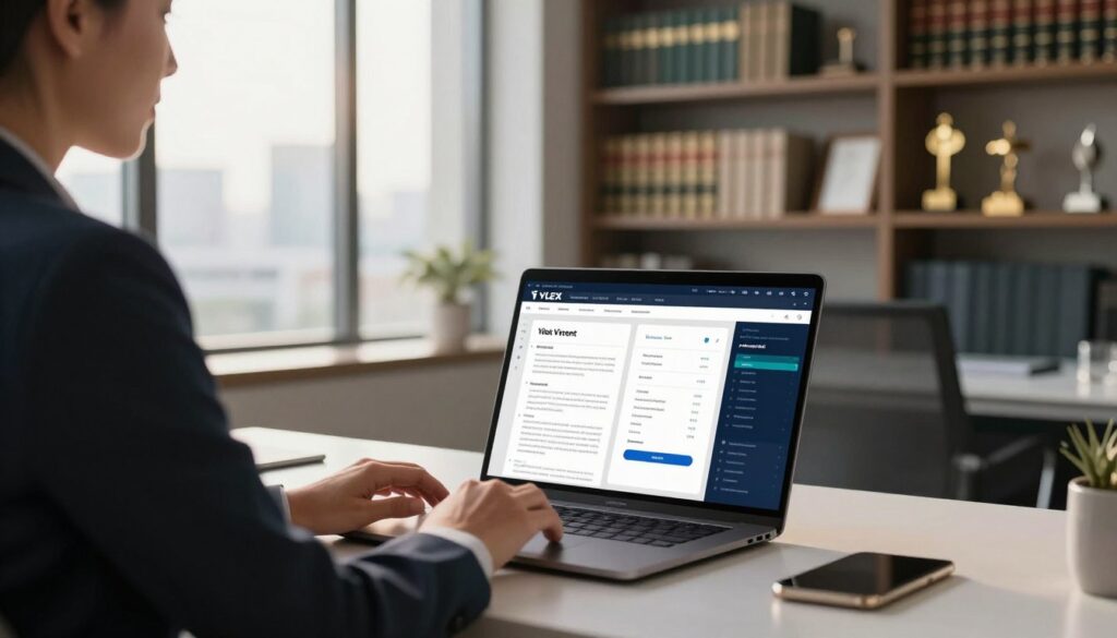 A modern office setting with a sleek, minimalist design. In the foreground, a professional sitting at a desk, dressed in smart business attire, is engaging with a laptop displaying the vLex Vincent interface. Various legal documents and data visuals can be seen on the screen, emphasizing AI research and pricing structures. The middle ground features a large window with natural light streaming in, casting a warm glow, and cityscape elements visible outside. In the background, shelves filled with law books and awards enhance the legal atmosphere. The scene conveys a sense of innovation and professionalism, reflecting the evolving landscape of legal research and AI pricing. Soft focus on the edges creates an inviting, modern mood.