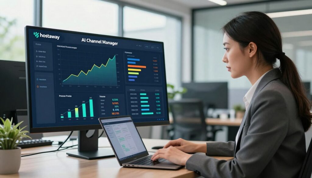 A modern office space showcasing a digital interface representing the Hostaway AI Channel Manager on a sleek computer screen. In the foreground, a professional woman in business attire, focused on reviewing pricing and tariff analytics on her laptop. The middle ground features a digital dashboard, with vibrant graphs and charts depicting fluctuating prices and occupancy rates. The background reveals a stylish office with large windows, allowing natural light to fill the room, creating a bright and productive atmosphere. A color palette of calm blues and greens enhances the mood of efficiency and innovation. The angle captures both the screen and the woman’s engaged expression, suggesting clarity and strategy in managing accommodations.