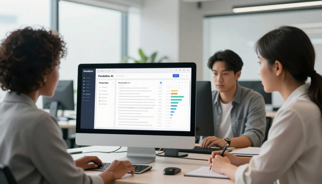 A modern office workspace featuring a sleek computer with an elegant PandaDoc interface open, displaying a professional document being created. In the foreground, a diverse group of three professionals—one Black woman, one Hispanic man, and one Asian woman—are collaborating intently, dressed in business casual attire. The middle of the scene highlights a digital display showcasing pricing plans for PandaDoc AI, with infographics representing various tiers and features. The background has large windows with natural light pouring in, emphasizing a clean and productive atmosphere. Soft focus on the background adds depth, while the overall mood is one of innovation and teamwork, conveying the efficiency of creating contracts and documents with PandaDoc AI.