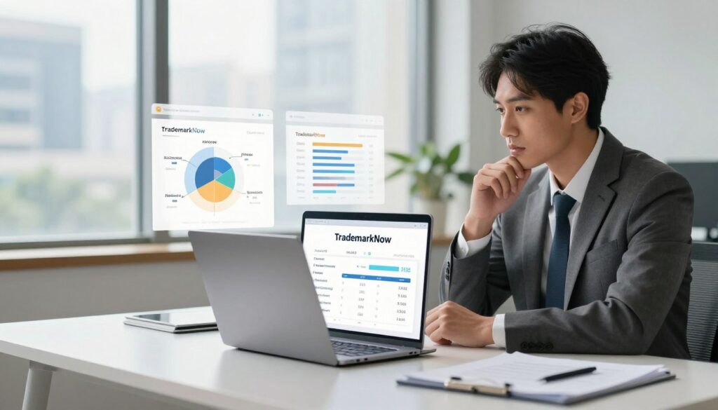 A modern, professional office setting with a sleek desk featuring a laptop displaying the TrademarkNow logo. In the foreground, a business professional in a tailored suit, looking at the screen with a thoughtful expression, analyzing trademark data. The middle ground includes various charts and graphs, illustrating pricing structures and tiers, displayed on the laptop and floating in digital overlays. The background shows a large window with city views, allowing natural light to flood the room, creating a bright and inviting atmosphere. The overall mood is one of focus and professionalism, emphasizing the importance of trademark assessment and risk management. Soft shadows enhance the depth, with a 35mm lens effect to bring attention to the subject.