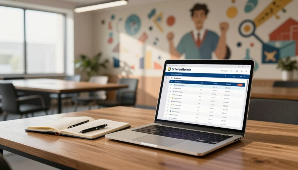 A modern, professional setting showcasing a digital pricing list for ScholarsReview. In the foreground, an elegant wooden desk with a sleek laptop displaying a vibrant pricing table. On the desk, an open notebook with analytical notes and a stylish pen. In the middle, a blurred view of a conference room with a large window, allowing natural light to flood in, casting soft shadows. The background features a large, modern mural depicting academic excellence and creativity, creating an inspiring atmosphere. The overall mood is professional and inviting, emphasizing innovation and accessibility. The scene is captured with a slightly elevated angle, using warm lighting to enhance the inviting ambiance. No people are present, ensuring focus on the workspace elements.
