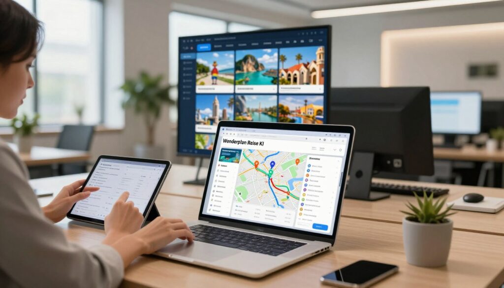 A modern, professional workspace showcasing a digital travel planning interface, centered around the concept of "Wonderplan Reise KI." In the foreground, a sleek laptop displays an interactive map with colorful route pins and dynamic itinerary suggestions. To the side, a well-dressed businesswoman is deeply engaged, using a tablet to adjust travel details. The middle section features a large screen displaying various travel destinations, each highlighted with vibrant visuals. In the background, a bright, contemporary office environment with stylish decor, expansive windows allowing natural light, and subtle greenery. The atmosphere conveys innovation and professionalism, illuminated with soft, warm lighting to create an inviting and productive mood. The lens captures the scene from a slightly elevated angle, focusing on the excitement of customized travel planning. A modern, professional workspace showcasing a digital travel planning interface, centered around the concept of "Wonderplan Reise KI." In the foreground, a sleek laptop displays an interactive map with colorful route pins and dynamic itinerary suggestions. To the side, a well-dressed businesswoman is deeply engaged, using a tablet to adjust travel details. The middle section features a large screen displaying various travel destinations, each highlighted with vibrant visuals. In the background, a bright, contemporary office environment with stylish decor, expansive windows allowing natural light, and subtle greenery. The atmosphere conveys innovation and professionalism, illuminated with soft, warm lighting to create an inviting and productive mood. The lens captures the scene from a slightly elevated angle, focusing on the excitement of customized travel planning.