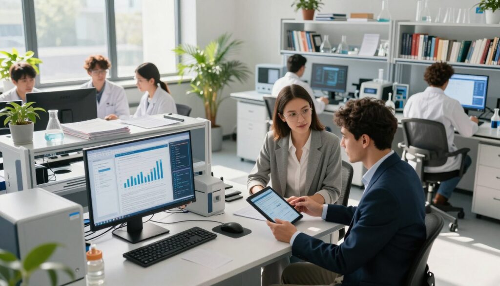 A modern research lab environment focused on innovation, showcasing a sleek workspace filled with high-tech equipment and digital interfaces. In the foreground, a well-organized desk features a computer displaying analytical graphs and research notes. A diverse group of two researchers, a woman in smart casual attire and a man in a professional suit, collaborates over a tablet. In the middle ground, shelves filled with books and research papers, alongside plants, create a vibrant atmosphere. The background reveals large windows with sunlight streaming in, illuminating the room. Soft shadows enhance the depth, while a warm color palette conveys an inspiring and productive mood. The scene is captured from a slightly elevated angle to encompass the entire space. A modern research lab environment focused on innovation, showcasing a sleek workspace filled with high-tech equipment and digital interfaces. In the foreground, a well-organized desk features a computer displaying analytical graphs and research notes. A diverse group of two researchers, a woman in smart casual attire and a man in a professional suit, collaborates over a tablet. In the middle ground, shelves filled with books and research papers, alongside plants, create a vibrant atmosphere. The background reveals large windows with sunlight streaming in, illuminating the room. Soft shadows enhance the depth, while a warm color palette conveys an inspiring and productive mood. The scene is captured from a slightly elevated angle to encompass the entire space.
