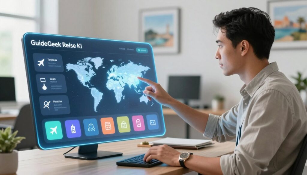 A modern, sleek digital assistant interface reflecting "GuideGeek Reise KI," designed for travel planning. In the foreground, a 3D holographic display features vibrant icons representing various travel options, like flights, hotels, and itineraries. In the middle ground, a professional travel consultant, dressed in smart casual attire, interacts with the interface, pointing at a glowing map of the world. The background showcases a stylish office environment with travel-related decor, subtle hints of landmarks, and advanced technology. Soft, natural lighting illuminates the scene, creating a welcoming atmosphere, while a shallow depth of field draws attention to the consultant and the interface, emphasizing the innovative service of GuideGeek. A modern, sleek digital assistant interface reflecting "GuideGeek Reise KI," designed for travel planning. In the foreground, a 3D holographic display features vibrant icons representing various travel options, like flights, hotels, and itineraries. In the middle ground, a professional travel consultant, dressed in smart casual attire, interacts with the interface, pointing at a glowing map of the world. The background showcases a stylish office environment with travel-related decor, subtle hints of landmarks, and advanced technology. Soft, natural lighting illuminates the scene, creating a welcoming atmosphere, while a shallow depth of field draws attention to the consultant and the interface, emphasizing the innovative service of GuideGeek.