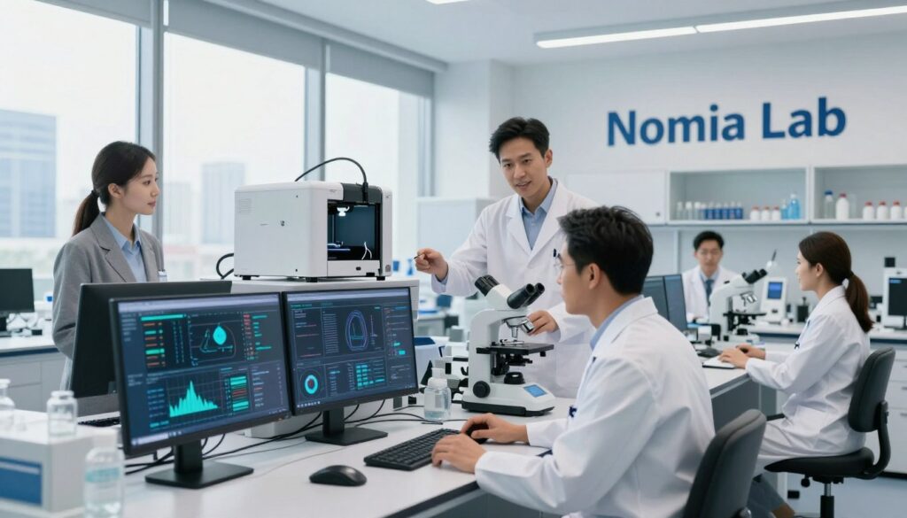A modern, sleek laboratory setting titled "Nomia Lab," focusing on advanced AI technologies supporting medical research. In the foreground, a diverse team of three researchers—one male and two females—wearing professional business attire, engage in discussion around a high-tech workstation filled with computer screens displaying complex data and research graphs. In the middle, an array of cutting-edge medical equipment, including a 3D printer and microscopes, emphasizes innovation. In the background, large windows let in soft, natural light, showcasing a city skyline, creating a positive, collaborative atmosphere. The colors are clean and bright, lending a sense of optimism and forward-thinking in medical science, while the overall composition feels dynamic yet professional. Soft shadows enhance the depth without overwhelming the scene.