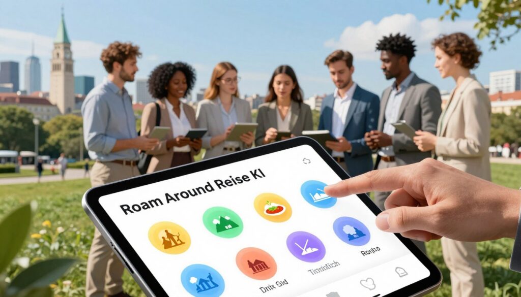 A modern, sleek mobile app interface displaying the features of "Roam Around Reise KI," set against a vibrant cityscape backdrop. In the foreground, a digital tablet showcases colorful icons representing various destinations and activities like hiking, dining, and sightseeing, all presented in an engaging layout. In the middle ground, a diverse group of professional individuals in modest business attire interact with the tablet, pointing at their chosen activities and places to visit. The background features iconic landmarks and lush green spaces under a bright blue sky, creating an uplifting atmosphere. The scene is illuminated by soft natural lighting, emphasizing the app's user-friendly design. The perspective is slightly angled downwards from above, focusing on the app and the engaged users, conveying a sense of exploration and excitement. A modern, sleek mobile app interface displaying the features of "Roam Around Reise KI," set against a vibrant cityscape backdrop. In the foreground, a digital tablet showcases colorful icons representing various destinations and activities like hiking, dining, and sightseeing, all presented in an engaging layout. In the middle ground, a diverse group of professional individuals in modest business attire interact with the tablet, pointing at their chosen activities and places to visit. The background features iconic landmarks and lush green spaces under a bright blue sky, creating an uplifting atmosphere. The scene is illuminated by soft natural lighting, emphasizing the app's user-friendly design. The perspective is slightly angled downwards from above, focusing on the app and the engaged users, conveying a sense of exploration and excitement.