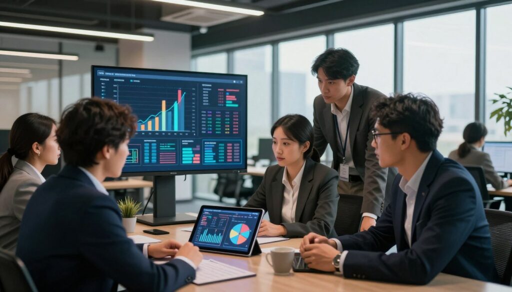 A modern, sleek office environment depicting data analysis in action. In the foreground, a diverse group of professionals, dressed in smart business attire, is engaged in a lively discussion over a digital tablet displaying colorful graphs and charts. In the middle, a large screen shows complex visualizations of research data related to pricing and tariffs. The background features a contemporary workspace with large windows, allowing natural light to flood the room, casting soft shadows. The atmosphere is dynamic and focused, reflecting innovation and teamwork in data analysis. The scene is captured with a wide-angle lens, enhancing the collaborative feel, while a warm, professional lighting setup highlights the expressions of concentration and engagement on the faces of the individuals.