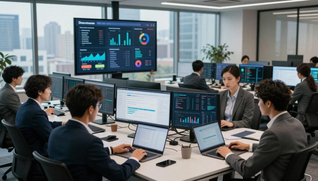 A modern, sleek office environment representing Corsearch Brand Protection, filled with high-tech monitors displaying graphs and analytics related to brand surveillance. In the foreground, a diverse group of professionals, dressed in smart business attire, engage in discussion, analyzing data on their laptops. The middle ground features a large digital screen showcasing statistics and trends in brand protection and counterfeit monitoring. The background includes large windows with a city skyline, bathed in soft, natural lighting that creates a productive atmosphere. The mood is focused and collaborative, emphasizing the importance of vigilance in protecting brands. The angle is slightly elevated, capturing the dynamic workspace while maintaining a professional tone, with no people in unwanted or inappropriate poses.