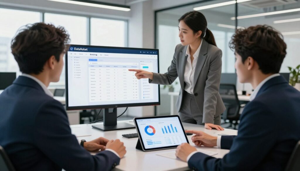 A modern, sleek office environment showcasing a team of diverse professionals in business attire collaboratively discussing DataRobot's pricing and tariffs. In the foreground, a digital tablet is displaying graphical charts and data analytics, symbolizing the innovative AI models. The middle ground features a large monitor with a sophisticated interface showcasing the pricing structure, while team members engage in conversation, pointing at the screen. The background portrays a bright, open office space with large windows allowing natural light to flood the area, and minimalist decor emphasizing a tech-savvy atmosphere. The mood is focused and dynamic, highlighting teamwork and the high-tech nature of DataRobot's services. The image should capture the essence of professionalism and collaboration in AI-driven technology development. A modern, sleek office environment showcasing a team of diverse professionals in business attire collaboratively discussing DataRobot's pricing and tariffs. In the foreground, a digital tablet is displaying graphical charts and data analytics, symbolizing the innovative AI models. The middle ground features a large monitor with a sophisticated interface showcasing the pricing structure, while team members engage in conversation, pointing at the screen. The background portrays a bright, open office space with large windows allowing natural light to flood the area, and minimalist decor emphasizing a tech-savvy atmosphere. The mood is focused and dynamic, highlighting teamwork and the high-tech nature of DataRobot's services. The image should capture the essence of professionalism and collaboration in AI-driven technology development.