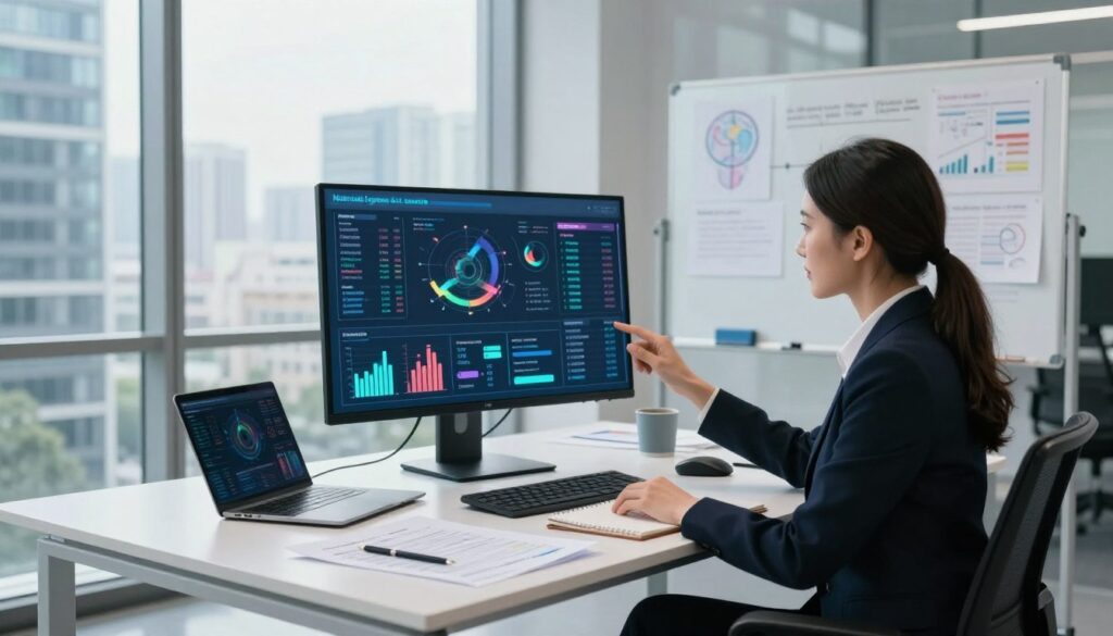 A modern, sleek office interior with a large glass window overlooking a cityscape, bathed in natural light. In the foreground, a professional businesswoman, dressed in formal attire, is analyzing genomic data displayed on a high-tech touchscreen interface with colorful graphs and charts. In the middle, a contemporary desk cluttered with medical reports, notebooks, and a laptop, emphasizing the theme of clinical genomics. The background features a whiteboard with diagrams and notes, enhancing the atmosphere of innovation and research. The overall mood is focused and dynamic, showcasing a state-of-the-art workspace dedicated to genomic analysis and pricing strategies. The image should use soft, diffused lighting to create an inviting and collaborative environment, shot from a slightly elevated angle to capture the depth of the scene.