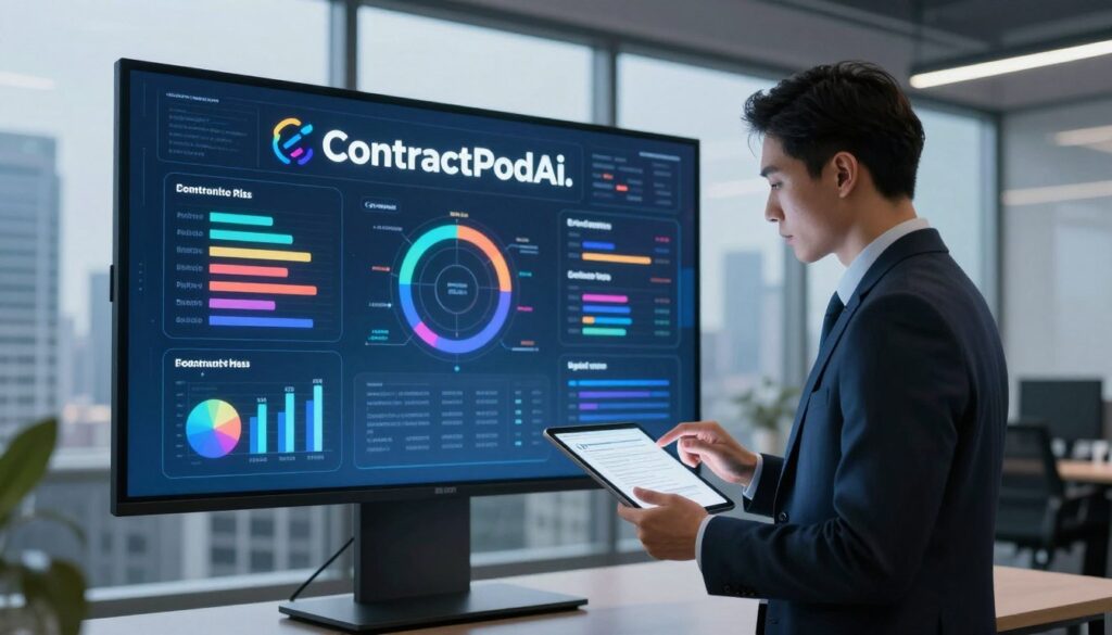 A modern, sleek office setting with a focus on a high-tech digital display showcasing the logo and functionalities of "ContractPodAi." In the foreground, a professional business analyst in formal attire studies a tablet, engaging with the data on screen. The middle ground features a large, illuminated touchscreen filled with colorful charts and contract visuals, symbolizing the analysis of clauses and risks. The background displays glass walls with a city skyline, suggesting innovation and connectivity. Soft, ambient lighting creates a professional atmosphere, with a slight lens flare from the digital screen, enhancing the futuristic vibe. The overall mood is one of collaboration, technology, and professionalism.