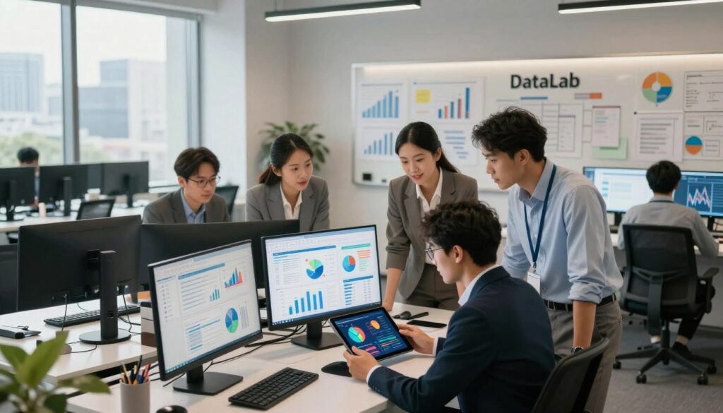 A modern, sophisticated office space representing "DataLab," filled with sleek desks and high-tech computer screens displaying statistical analytics. In the foreground, a diverse team of four professionals, dressed in business attire, collaboratively discussing a digital tablet with vibrant graphs and charts on it. The middle ground features a large whiteboard with data visualizations and brainstorming notes. The background showcases large windows with a panoramic city view, allowing natural light to flood the room. The atmosphere is focused and dynamic, emphasizing innovation in data analysis and statistics. The lighting is bright yet warm, creating an inviting workspace. Angle from slightly above to capture the collaboration and technology effectively. A modern, sophisticated office space representing "DataLab," filled with sleek desks and high-tech computer screens displaying statistical analytics. In the foreground, a diverse team of four professionals, dressed in business attire, collaboratively discussing a digital tablet with vibrant graphs and charts on it. The middle ground features a large whiteboard with data visualizations and brainstorming notes. The background showcases large windows with a panoramic city view, allowing natural light to flood the room. The atmosphere is focused and dynamic, emphasizing innovation in data analysis and statistics. The lighting is bright yet warm, creating an inviting workspace. Angle from slightly above to capture the collaboration and technology effectively.