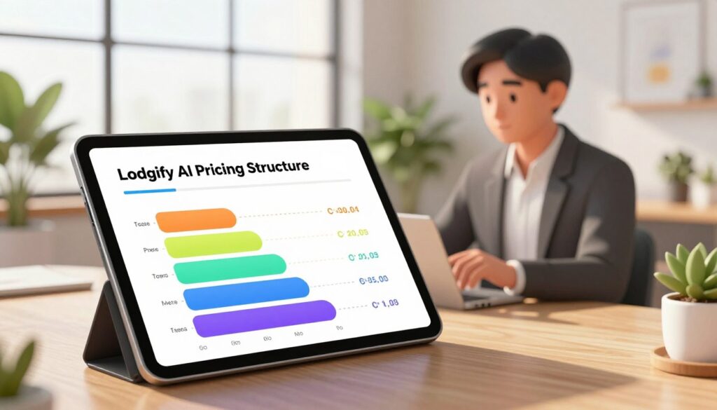 A modern, visually engaging illustration of the "Lodgify AI Pricing Structure" for a professional article. In the foreground, display a sleek digital tablet showcasing an interactive pricing chart with various tiers depicted in vibrant colors. The middle ground features a business professional in smart attire, analyzing the chart with a focused expression, surrounded by a modern workspace setting. In the background, a bright office environment with large windows letting in natural light, visible green plants, and minimalist decor creates an inviting atmosphere. The lighting is warm, emphasizing a sense of innovation and efficiency, captured from a slightly elevated angle to give a comprehensive view of the scene's elements.