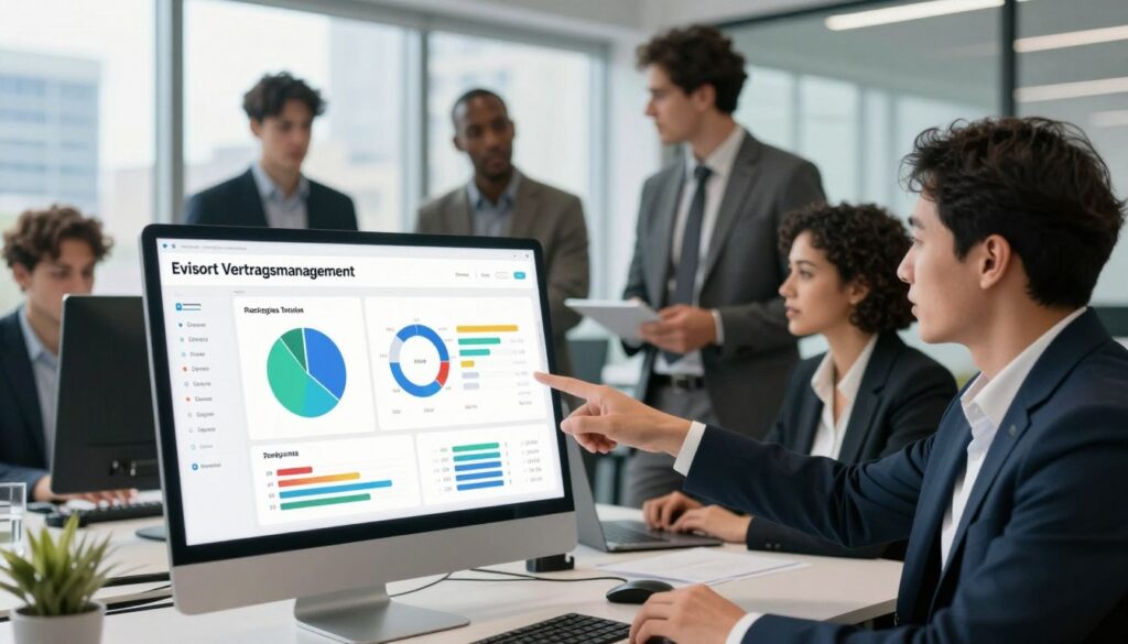 A professional business setting showcasing "Evisort Vertragsmanagement" software. In the foreground, a sleek, modern computer screen displays a digital dashboard filled with colorful pie charts and graphs representing pricing tiers and risk assessments related to contracts. In the middle ground, a diverse group of professionals in business attire, including men and women of various ethnicities, engaged in discussion, pointing at the screen to emphasize key information. The background features large windows with a cityscape view, suggesting a vibrant office environment. Soft, natural lighting fills the room, enhancing the atmosphere of collaboration and innovation. The scene conveys a sense of focus and urgency, ideal for exploring pricing strategies and risk management within contract management. A professional business setting showcasing "Evisort Vertragsmanagement" software. In the foreground, a sleek, modern computer screen displays a digital dashboard filled with colorful pie charts and graphs representing pricing tiers and risk assessments related to contracts. In the middle ground, a diverse group of professionals in business attire, including men and women of various ethnicities, engaged in discussion, pointing at the screen to emphasize key information. The background features large windows with a cityscape view, suggesting a vibrant office environment. Soft, natural lighting fills the room, enhancing the atmosphere of collaboration and innovation. The scene conveys a sense of focus and urgency, ideal for exploring pricing strategies and risk management within contract management.