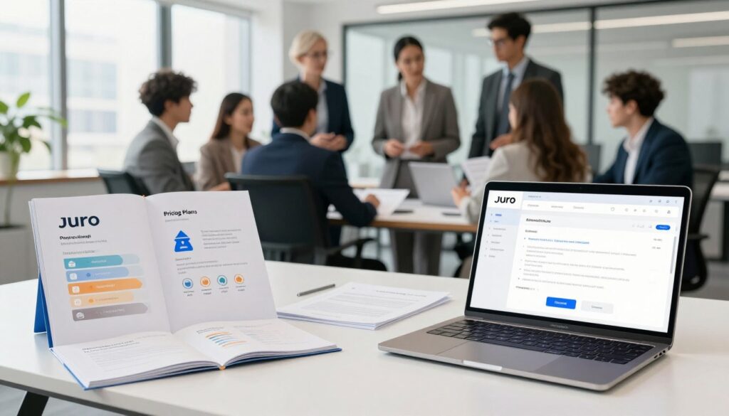 A professional business setting showcasing a variety of pricing plans from Juro. In the foreground, a sleek modern desk with a laptop open, displaying a digital interface of contract management software. Beside it, elegant brochures illustrating different pricing tiers, with clear infographics and icons. In the middle ground, a diverse group of business professionals, dressed in smart business attire, engaging in discussion, analyzing the documents. The background features a contemporary office environment with large windows allowing natural light to fill the space, creating a bright and inviting atmosphere. The image captures a sense of innovation and efficiency, emphasizing the automated contract creation process, with a focus on professionalism and collaboration. A professional business setting showcasing a variety of pricing plans from Juro. In the foreground, a sleek modern desk with a laptop open, displaying a digital interface of contract management software. Beside it, elegant brochures illustrating different pricing tiers, with clear infographics and icons. In the middle ground, a diverse group of business professionals, dressed in smart business attire, engaging in discussion, analyzing the documents. The background features a contemporary office environment with large windows allowing natural light to fill the space, creating a bright and inviting atmosphere. The image captures a sense of innovation and efficiency, emphasizing the automated contract creation process, with a focus on professionalism and collaboration.