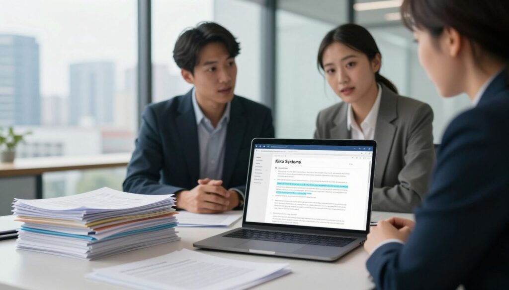 A professional, modern office setting focused on contract analysis. In the foreground, a sleek laptop displays a digital interface showing highlighted clauses from contracts, representing the Kira Systems software. Beside it, a neatly arranged stack of diverse contract documents blurred slightly for depth. In the middle ground, a diverse group of two professionals—one male and one female—are engaged in discussion, both dressed in smart business attire, looking at the laptop screen with expressions of interest and focus. The background features a glass wall with a city skyline view, illuminated by soft, natural daylight, enhancing the professional atmosphere. Capture this scene from an eye-level angle to create an engaging perspective, evoking a mood of collaboration and innovation in legal tech.