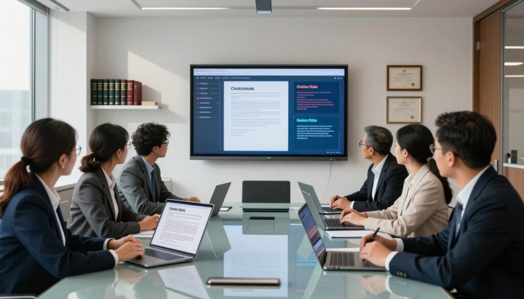 A professional office environment featuring a modern conference room. In the foreground, a diverse group of business professionals in business attire is gathered around a sleek, glass table, analyzing digital devices displaying contract documents. In the middle ground, a large digital screen shows an animated graphical representation of contract risks being highlighted. The background features contemporary decor with legal books and framed certificates on the walls, creating an atmosphere of diligence and focus. Bright, natural lighting streams through large windows, casting soft shadows on the scene. Use a wide-angle lens perspective to capture the entire setting, emphasizing collaboration and technological advancement in legal contract analysis. A professional office environment featuring a modern conference room. In the foreground, a diverse group of business professionals in business attire is gathered around a sleek, glass table, analyzing digital devices displaying contract documents. In the middle ground, a large digital screen shows an animated graphical representation of contract risks being highlighted. The background features contemporary decor with legal books and framed certificates on the walls, creating an atmosphere of diligence and focus. Bright, natural lighting streams through large windows, casting soft shadows on the scene. Use a wide-angle lens perspective to capture the entire setting, emphasizing collaboration and technological advancement in legal contract analysis.