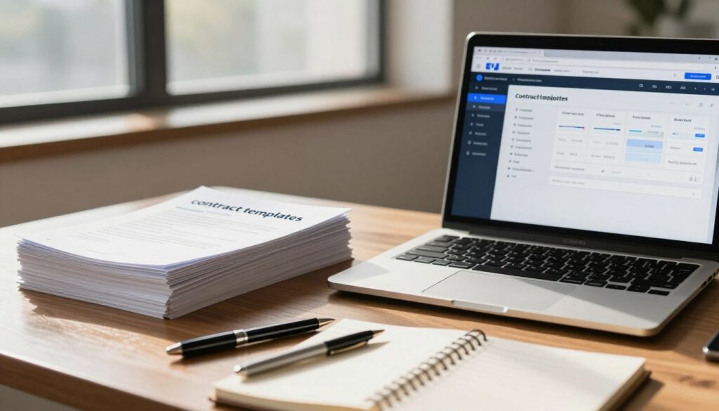 A professional office environment featuring a sleek wooden desk with a neatly arranged stack of "contract templates" and a laptop displaying a legal software interface. In the foreground, elegant pens and a notepad are scattered around. The middle background shows a window with soft, natural light streaming in, casting gentle shadows on the polished surface. An abstract representation of pricing plans in a digital format subtly incorporated on the laptop screen gives a sense of modern technology. The atmosphere is calm and focused, conveying professionalism and efficiency. The image captures an inviting workspace that illustrates the concept of simple contracts and templates created by LegalZoom AI. The scene should be depicted with a shallow depth of field, creating a warm and motivating mood.