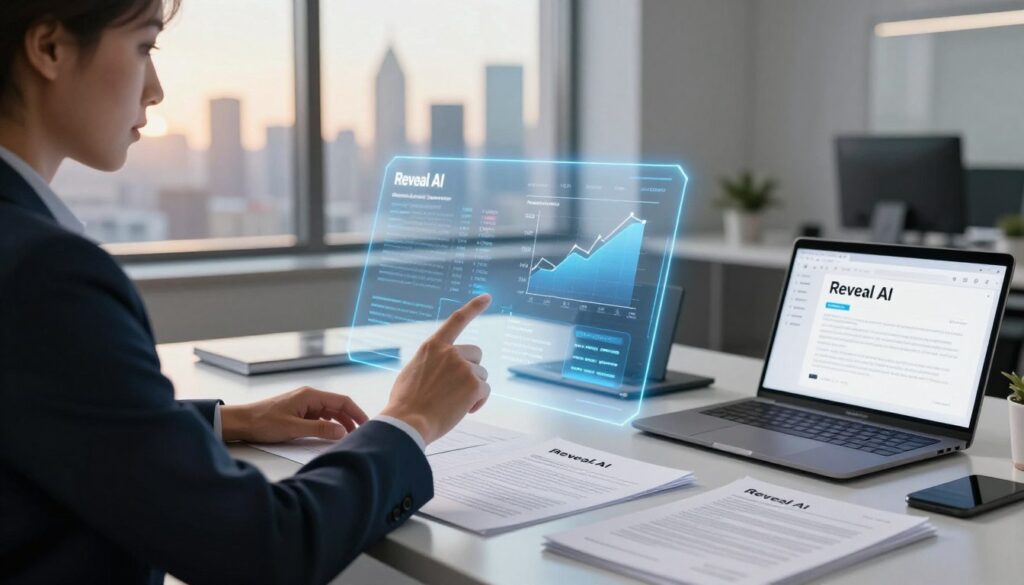 A professional office setting depicting a sleek, modern workspace focused on the theme of AI and legal document analysis. In the foreground, a well-dressed business person is interacting with a holographic display, showing graphs and charts related to pricing and services of Reveal AI. The middle ground features an elegant desk cluttered with legal documents, digital devices, and a laptop showcasing Reveal AI's interface. The background includes a large window with a city skyline, bathed in warm afternoon light, emphasizing a sophisticated atmosphere. The scene captures a blend of innovation and professionalism, reflecting a sense of efficiency and clarity in legal processes. The overall mood is one of focus and insight, highlighting the analytical capabilities of Reveal AI.