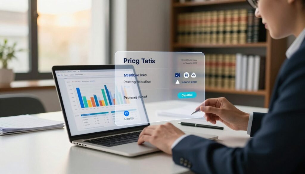 A professional office setting featuring a sleek, modern desk with a laptop open, displaying graphs and data related to pricing. In the foreground, a person in business attire analyzes pricing charts, their focused expression highlighting the importance of pricing plans. In the middle, a stylish, transparent overlay shows various pricing tiers such as monthly and annual subscriptions, along with icons symbolizing features provided by Casetext. The background includes shelves filled with legal books and a window letting in warm, natural light, creating an inviting atmosphere. The scene conveys a sense of professionalism, clarity, and focus on legal tech advancement. Soft lighting emphasizes the importance of pricing in decision-making. A professional office setting featuring a sleek, modern desk with a laptop open, displaying graphs and data related to pricing. In the foreground, a person in business attire analyzes pricing charts, their focused expression highlighting the importance of pricing plans. In the middle, a stylish, transparent overlay shows various pricing tiers such as monthly and annual subscriptions, along with icons symbolizing features provided by Casetext. The background includes shelves filled with legal books and a window letting in warm, natural light, creating an inviting atmosphere. The scene conveys a sense of professionalism, clarity, and focus on legal tech advancement. Soft lighting emphasizes the importance of pricing in decision-making.