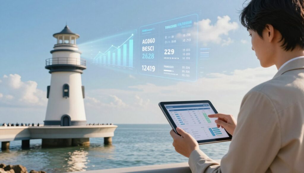 A serene coastal scene showcasing a modern lighthouse with analytics graphs and hotel pricing visuals integrated within the light beam emanating from its top. In the foreground, a professional businessperson in smart casual attire is examining a tablet, analyzing data on hotel rates and demand. The middle ground features a clear and tranquil sea, reflecting the lighthouse, while subtle infographic elements float around, symbolizing analyzed trends. The background includes a bright blue sky with soft clouds, evoking a sense of clarity and precision. Lighting is warm and inviting, creating a hopeful and analytical atmosphere, shot from a slightly elevated angle to capture both the lighthouse and the person engaging with the data meaningfully.