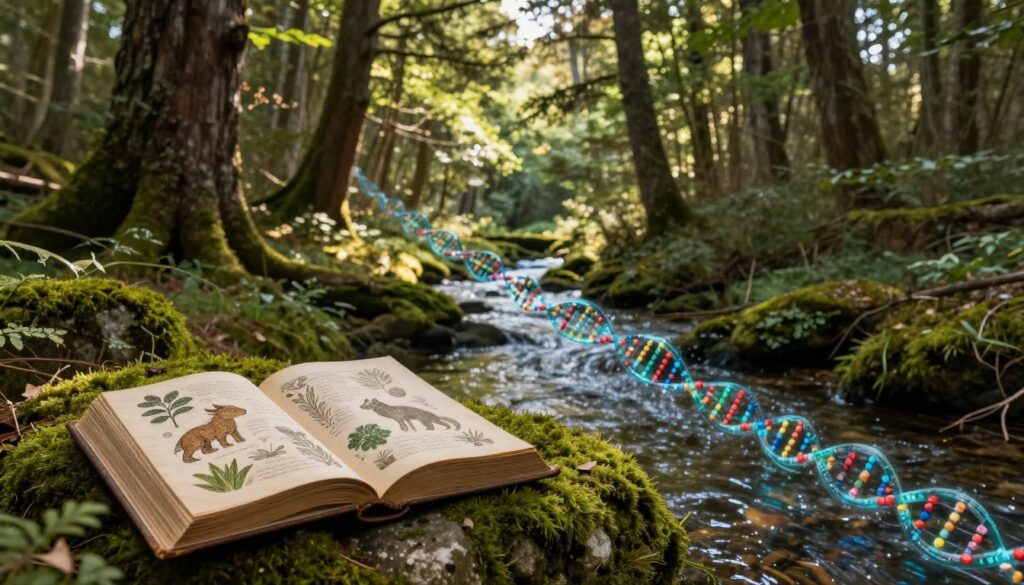 A serene woodland scene depicting elements of folklore intertwined with genomic motifs. In the foreground, an open book with intricate illustrations of mythical creatures and plants lies on a mossy stone, symbolizing the human connection to nature and heritage. In the middle ground, a gentle brook flows, with digital DNA strands subtly weaving through the water, representing the blending of traditional folklore and modern genomic data. The background showcases tall, ancient trees bathed in soft, dappled sunlight filtering through the leaves, creating a warm and inviting atmosphere. Use a wide-angle lens to capture the depth of the forest, and aim for a peaceful yet intriguing mood, emphasizing the harmony of folklore and science.