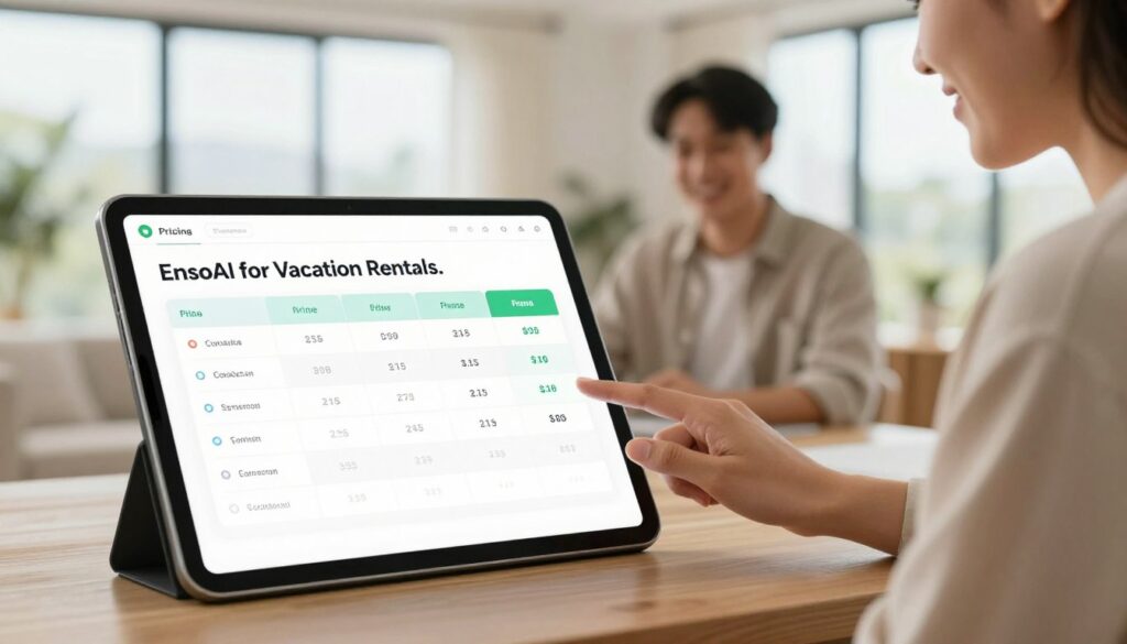 A sleek and modern digital interface showcasing "EnsoAI for Vacation Rentals." In the foreground, display an elegant tablet with a well-organized pricing chart and tariff options, emphasizing clarity and user-friendliness. The middle ground features a friendly, professional-looking individual wearing smart casual attire, interacting with the device, showcasing engagement and interest. In the background, a bright, welcoming vacation rental interior is visible, equipped with minimalistic decor and ample natural light streaming through large windows. Use soft, diffused lighting to create a warm, inviting atmosphere, capturing the essence of convenience and modern technology in vacation planning. The overall mood should feel innovative and accessible, inviting readers to explore the benefits of automated guest pricing.